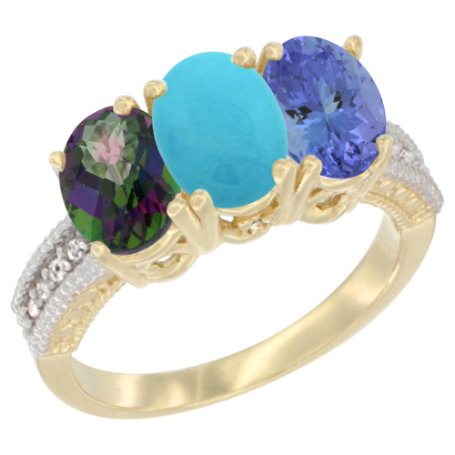 14K Yellow Gold Natural Mystic Topaz, Turquoise & Tanzanite Ring 3-Stone 7x5 mm Oval Diamond Accent, sizes 5 - 10