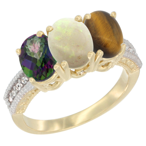 14K Yellow Gold Natural Mystic Topaz, Opal & Tiger Eye Ring 3-Stone 7x5 mm Oval Diamond Accent, sizes 5 - 10