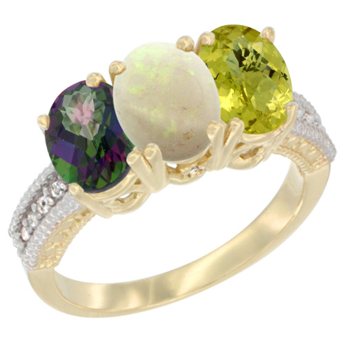 14K Yellow Gold Natural Mystic Topaz, Opal & Lemon Quartz Ring 3-Stone 7x5 mm Oval Diamond Accent, sizes 5 - 10