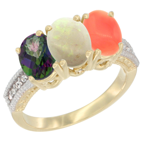 14K Yellow Gold Natural Mystic Topaz, Opal & Coral Ring 3-Stone 7x5 mm Oval Diamond Accent, sizes 5 - 10