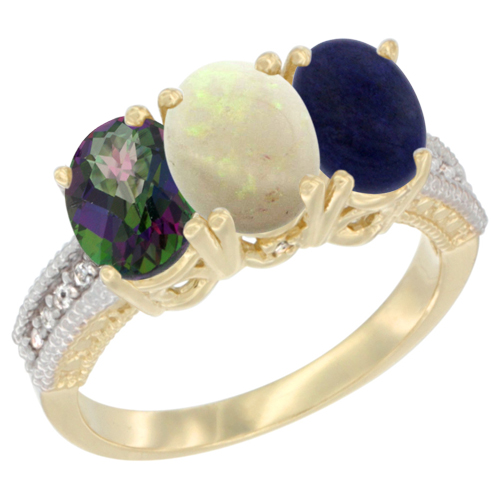 14K Yellow Gold Natural Mystic Topaz, Opal & Lapis Ring 3-Stone 7x5 mm Oval Diamond Accent, sizes 5 - 10