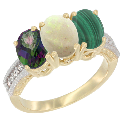 14K Yellow Gold Natural Mystic Topaz, Opal & Malachite Ring 3-Stone 7x5 mm Oval Diamond Accent, sizes 5 - 10