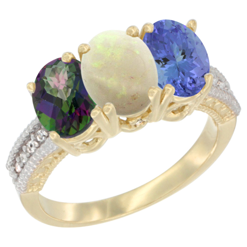 14K Yellow Gold Natural Mystic Topaz, Opal & Tanzanite Ring 3-Stone 7x5 mm Oval Diamond Accent, sizes 5 - 10