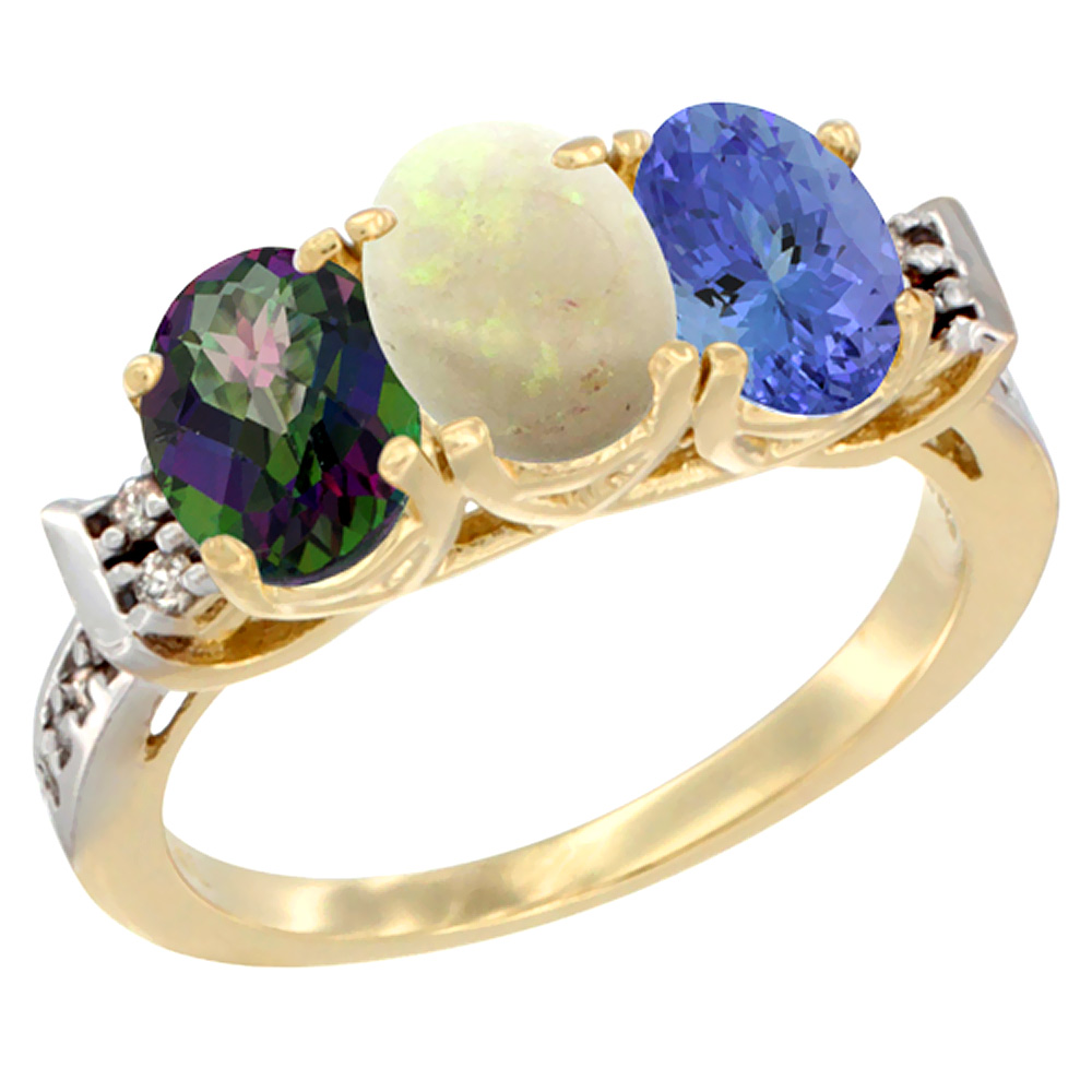 14K Yellow Gold Natural Mystic Topaz, Opal & Tanzanite Ring 3-Stone 7x5 mm Oval Diamond Accent, sizes 5 - 10