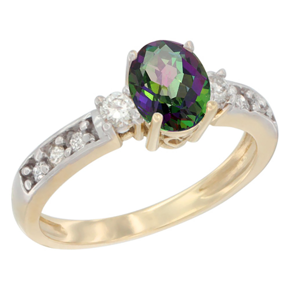 14K Yellow Gold Natural Mystic Topaz Ring Oval 7x5 mm Diamond Accent, sizes 5 - 10