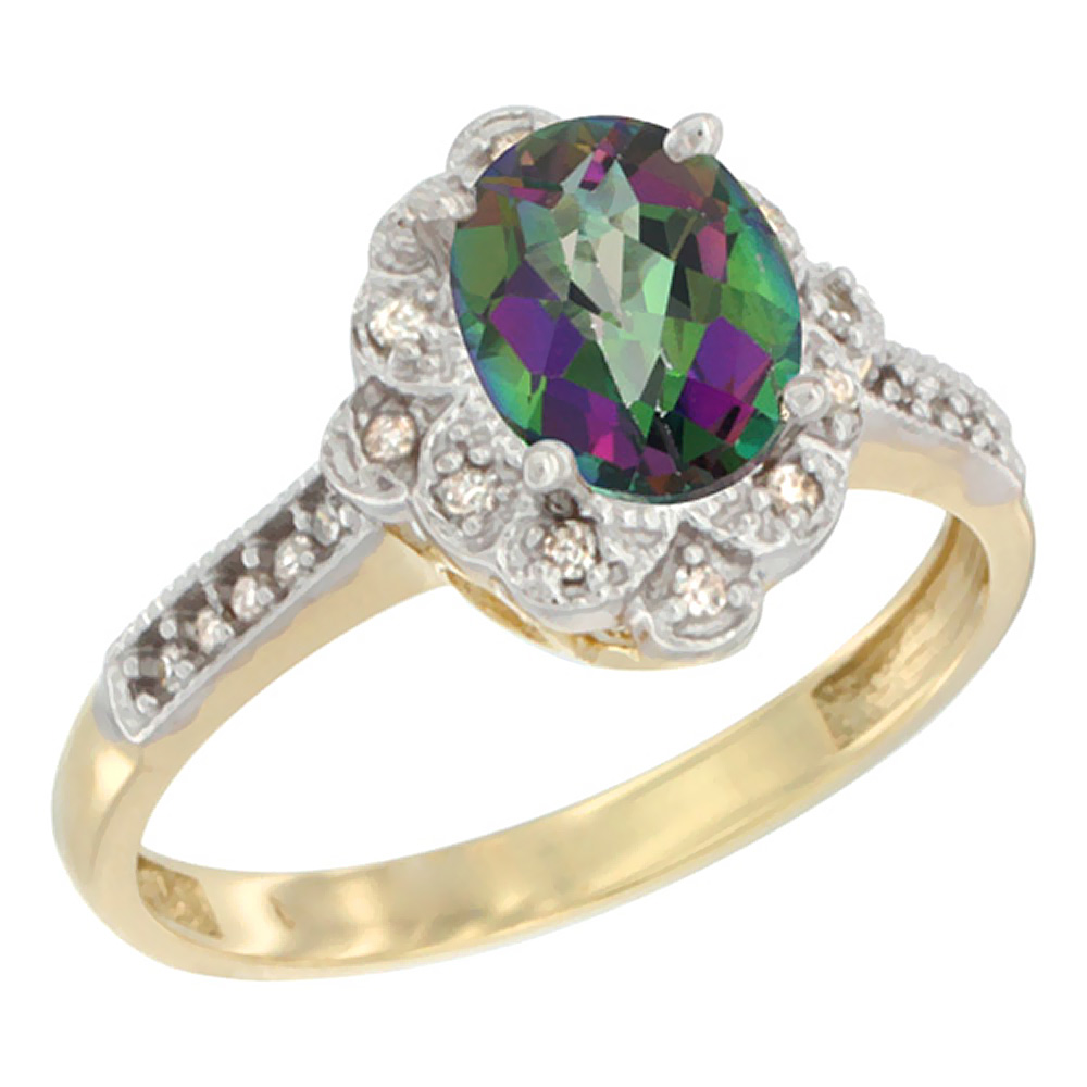 14K Yellow Gold Natural Mystic Topaz Ring Oval 8x6 mm Floral Diamond Halo, sizes 5 - 10