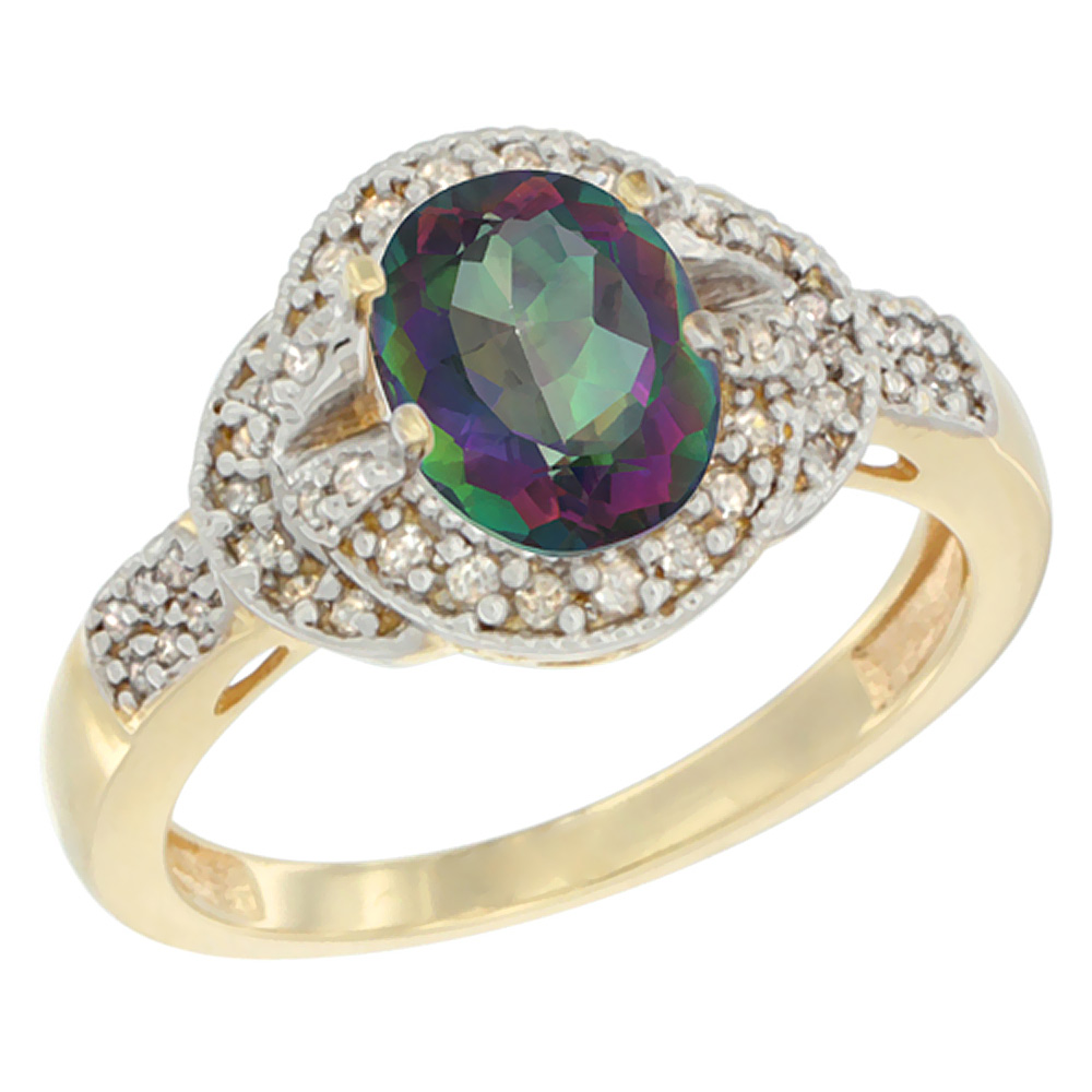 14K Yellow Gold Natural Mystic Topaz Ring Oval 8x6 mm Diamond Accent, sizes 5 - 10