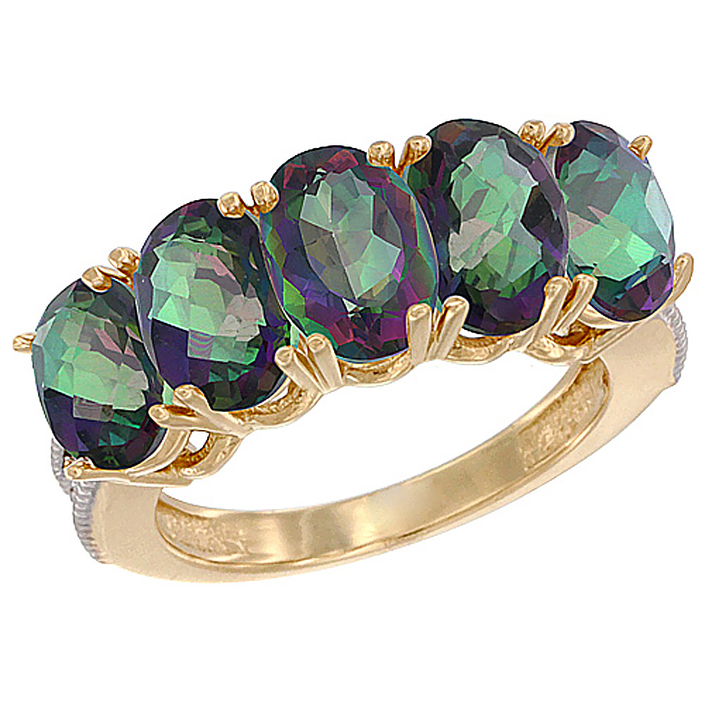 14K Yellow Gold Natural Mystic Topaz 1 ct. Oval 7x5mm 5-Stone Mother's Ring with Diamond Accents, sizes 5 to 10 with half sizes