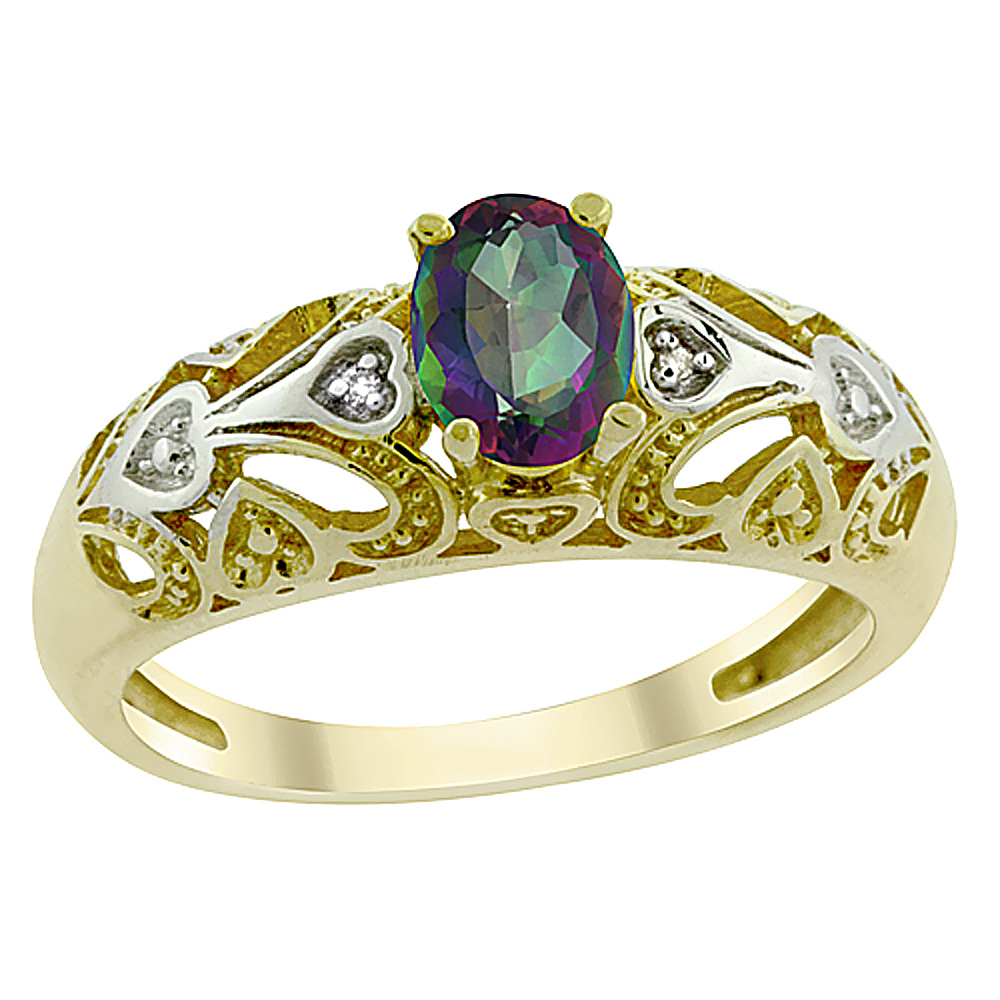 14K Yellow Gold Natural Mystic Topaz Ring Oval 6x4 mm Diamond Accent, sizes 5 - 10