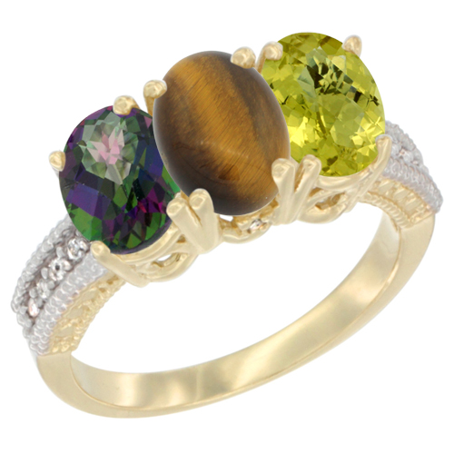 10K Yellow Gold Diamond Natural Mystic Topaz, Tiger Eye & Lemon Quartz Ring 3-Stone 7x5 mm Oval, sizes 5 - 10