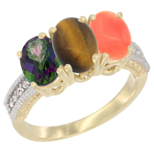 10K Yellow Gold Diamond Natural Mystic Topaz, Tiger Eye & Coral Ring 3-Stone 7x5 mm Oval, sizes 5 - 10