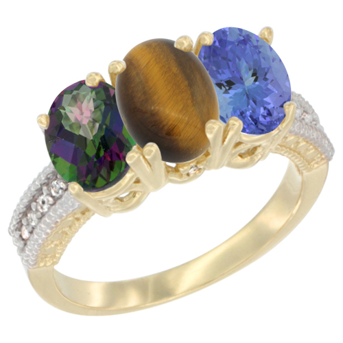 10K Yellow Gold Diamond Natural Mystic Topaz, Tiger Eye & Tanzanite Ring 3-Stone 7x5 mm Oval, sizes 5 - 10