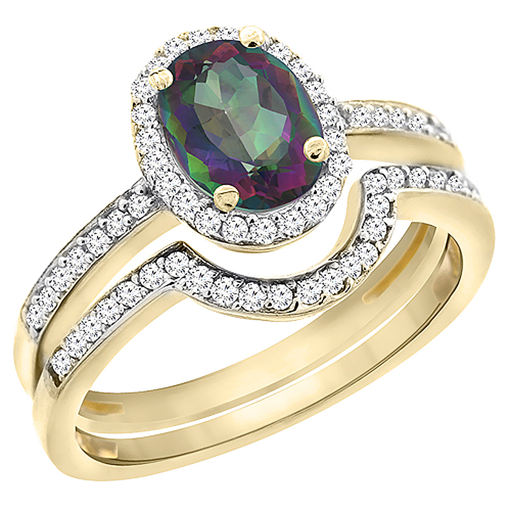 14K Yellow Gold Diamond Natural Mystic Topaz 2-Pc. Engagement Ring Set Oval 8x6 mm, sizes 5 - 10