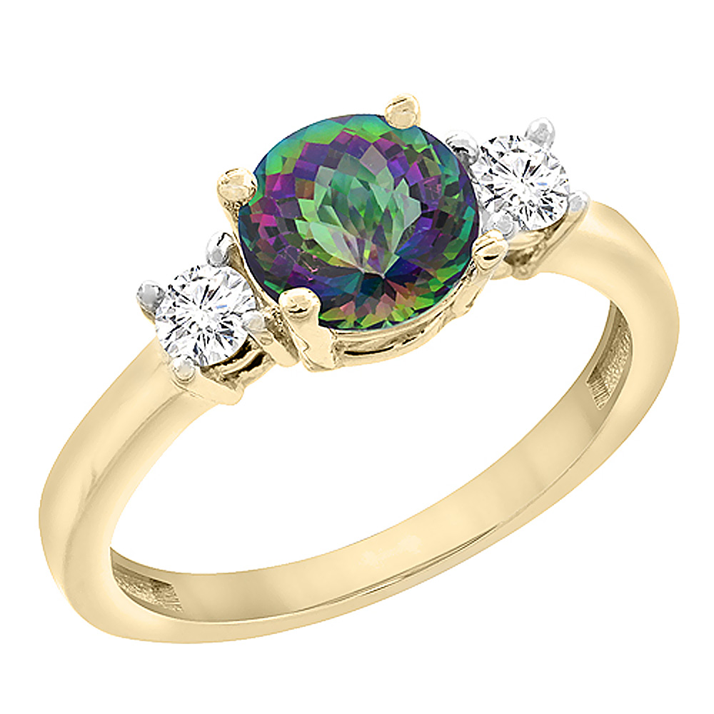 14K Yellow Gold Diamond Natural Mystic Topaz Engagement Ring Round 7mm, sizes 5 to 10 w/ half sizes