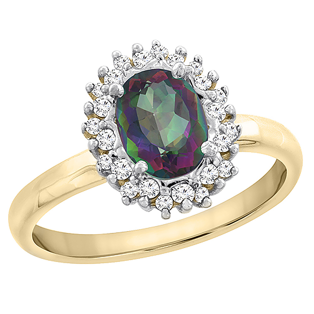 14K Yellow Gold Diamond Natural Mystic Topaz Engagement Ring Oval 7x5mm, sizes 5 - 10