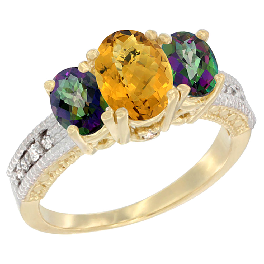 10K Yellow Gold Diamond Natural Whisky Quartz Ring Oval 3-stone with Mystic Topaz, sizes 5 - 10
