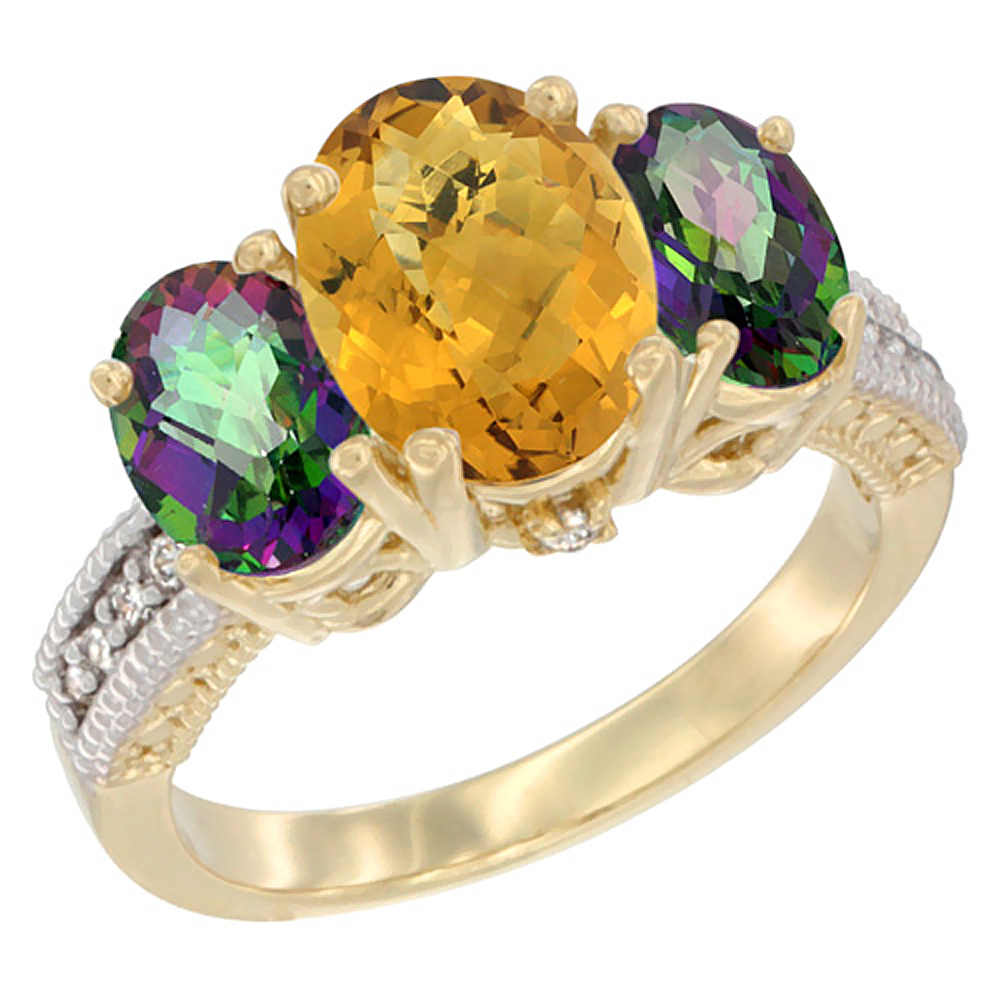 10K Yellow Gold Diamond Natural Whisky Quartz Ring 3-Stone Oval 8x6mm with Mystic Topaz, sizes5-10