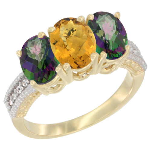 10K Yellow Gold Diamond Natural Whisky Quartz & Mystic Topaz Ring 3-Stone 7x5 mm Oval, sizes 5 - 10