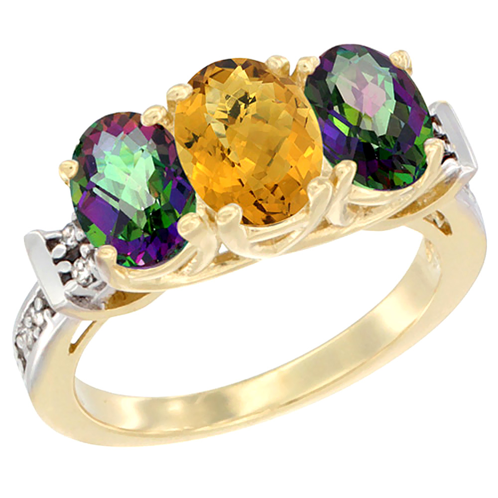 10K Yellow Gold Natural Whisky Quartz & Mystic Topaz Sides Ring 3-Stone Oval Diamond Accent, sizes 5 - 10