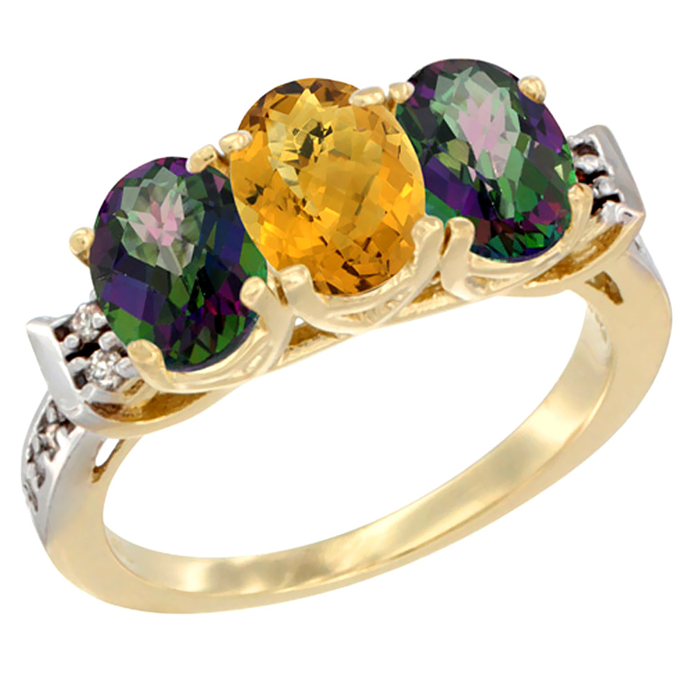 10K Yellow Gold Natural Whisky Quartz & Mystic Topaz Sides Ring 3-Stone Oval 7x5 mm Diamond Accent, sizes 5 - 10