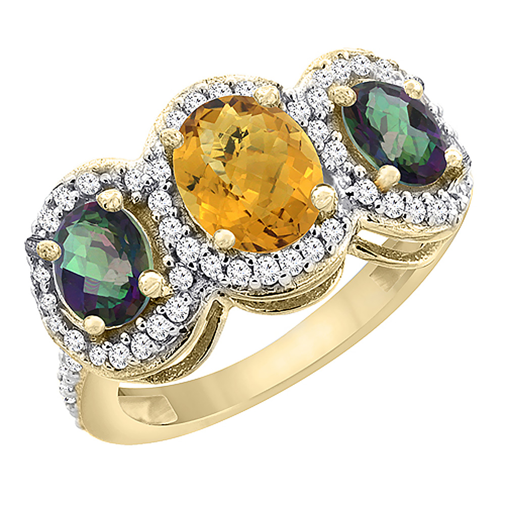 10K Yellow Gold Natural Whisky Quartz & Mystic Topaz 3-Stone Ring Oval Diamond Accent, sizes 5 - 10