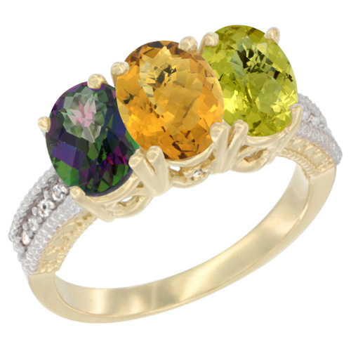 10K Yellow Gold Diamond Natural Mystic Topaz, Whisky Quartz & Lemon Quartz Ring 3-Stone 7x5 mm Oval, sizes 5 - 10