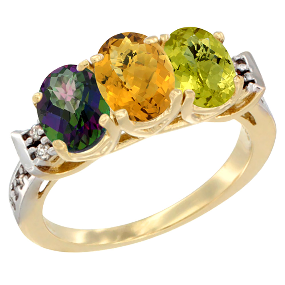 10K Yellow Gold Natural Mystic Topaz, Whisky Quartz & Lemon Quartz Ring 3-Stone Oval 7x5 mm Diamond Accent, sizes 5 - 10