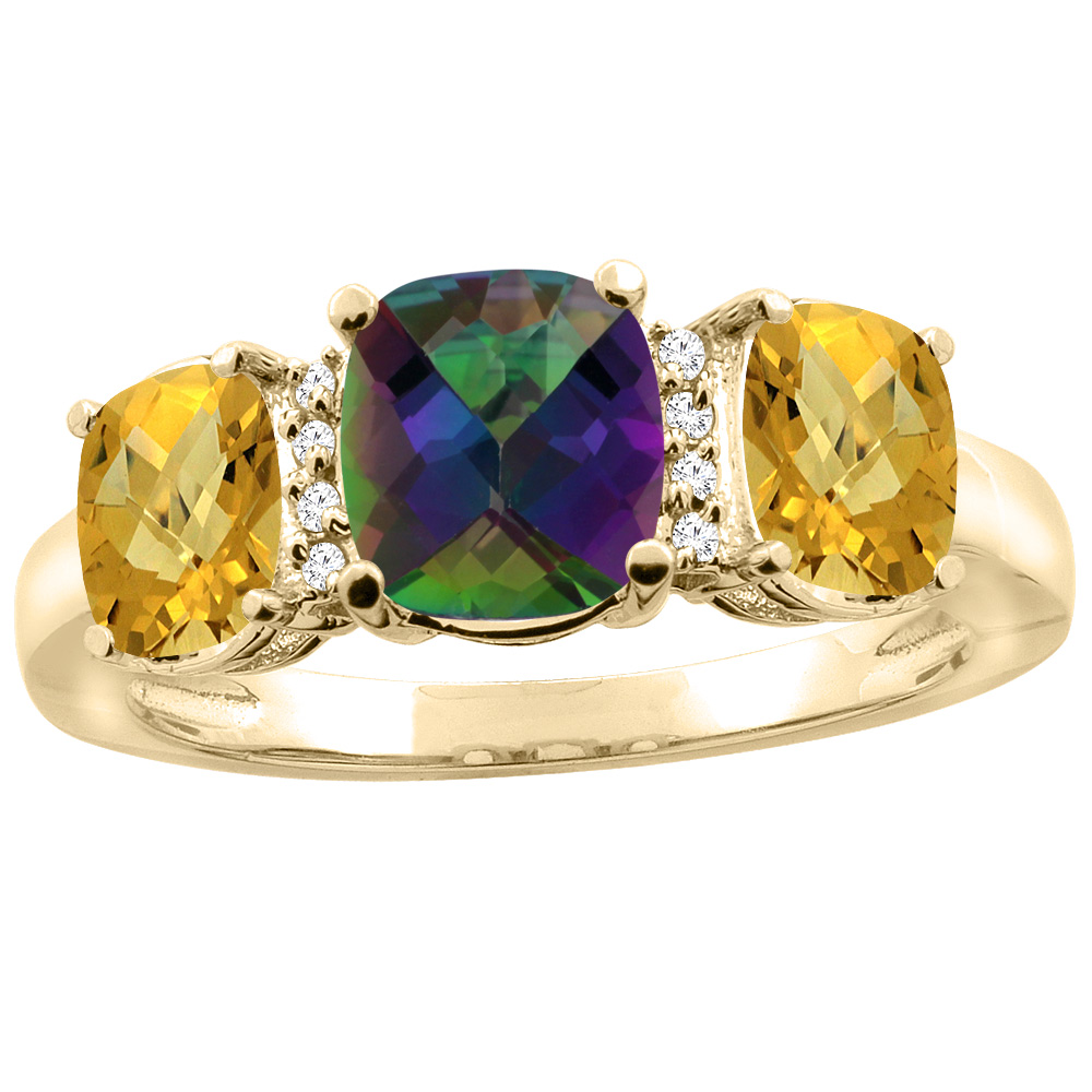 10K Yellow Gold Natural Mystic Topaz & Whisky Quartz 3-stone Ring Cushion 8x6mm Diamond Accent, sizes 5 - 10