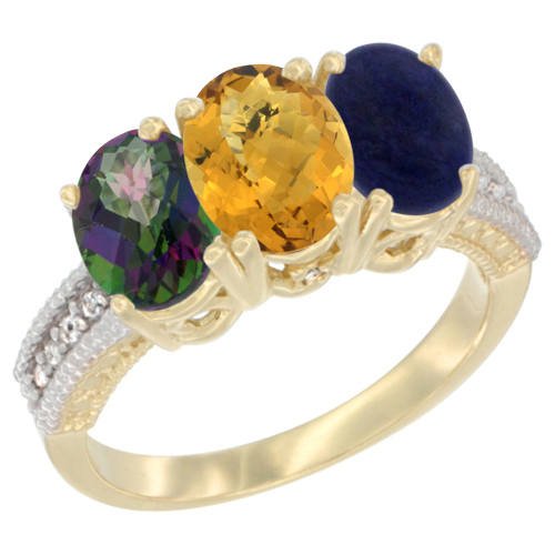 10K Yellow Gold Diamond Natural Mystic Topaz, Whisky Quartz & Lapis Ring 3-Stone 7x5 mm Oval, sizes 5 - 10