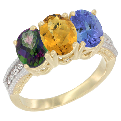14K Yellow Gold Natural Mystic Topaz, Whisky Quartz & Tanzanite Ring 3-Stone 7x5 mm Oval Diamond Accent, sizes 5 - 10