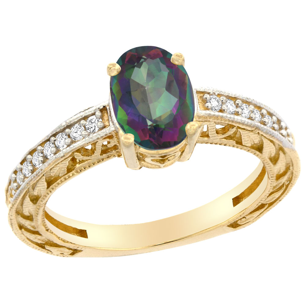14K Gold Natural Mystic Topaz Ring Oval 8x6 mm Diamond Accents, sizes 5 - 10