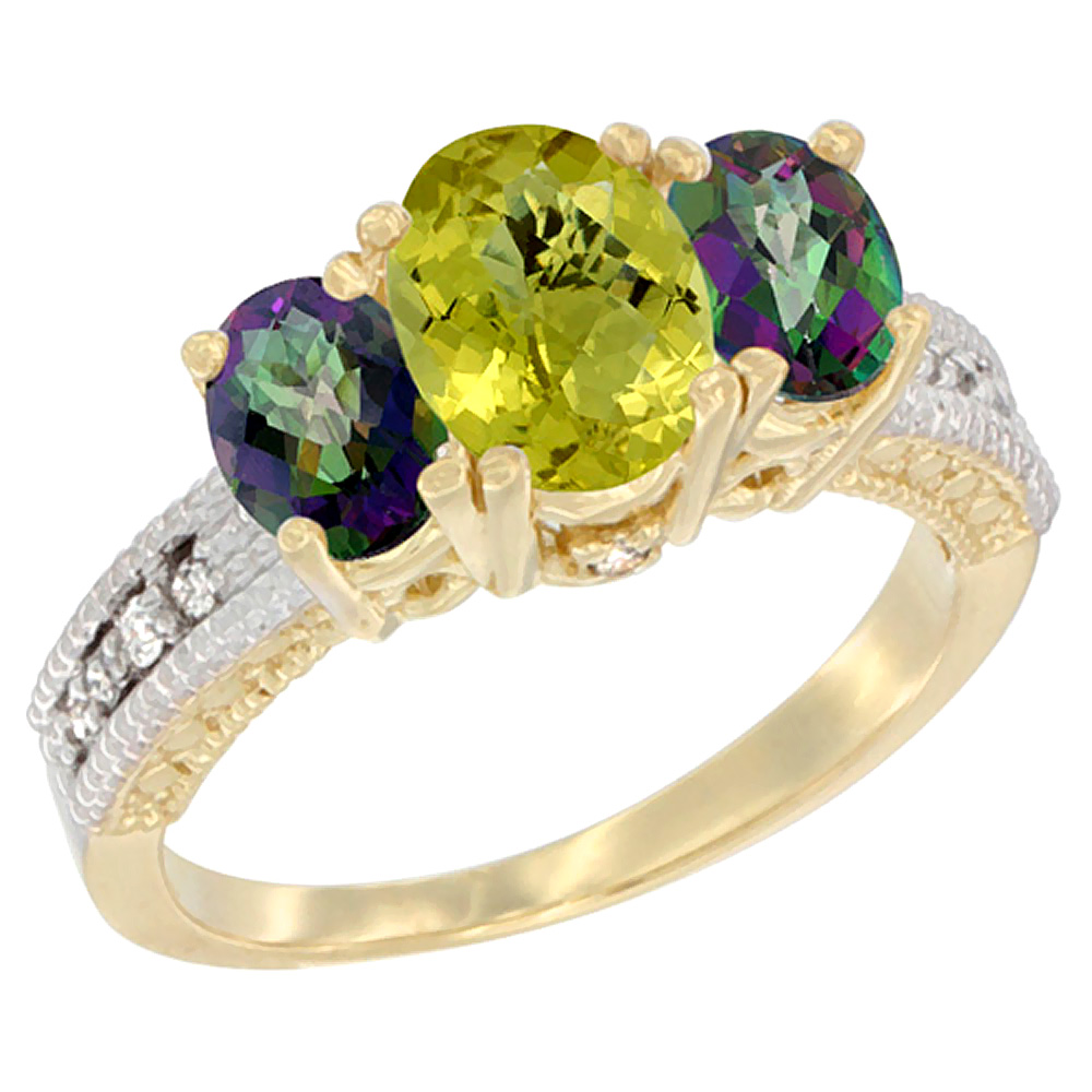 10K Yellow Gold Diamond Natural Lemon Quartz Ring Oval 3-stone with Mystic Topaz, sizes 5 - 10
