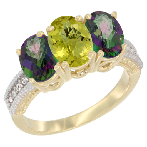 10K Yellow Gold Diamond Natural Lemon Quartz & Mystic Topaz Ring 3-Stone 7x5 mm Oval, sizes 5 - 10
