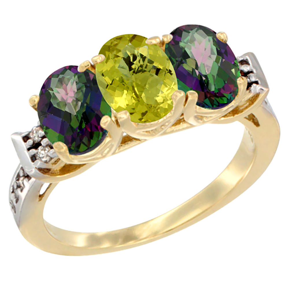 10K Yellow Gold Natural Lemon Quartz & Mystic Topaz Sides Ring 3-Stone Oval 7x5 mm Diamond Accent, sizes 5 - 10