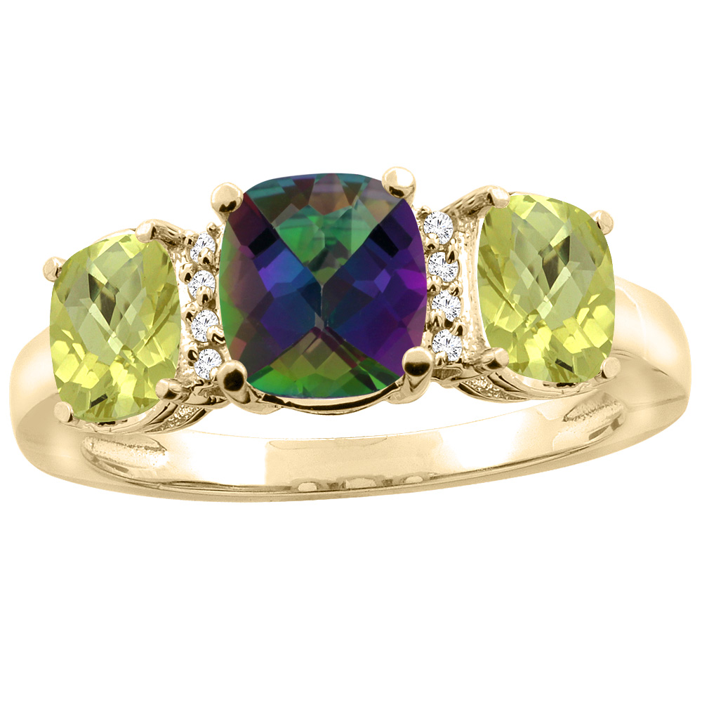 10K Yellow Gold Natural Mystic Topaz & Lemon Quartz 3-stone Ring Cushion 8x6mm Diamond Accent, sizes 5 - 10