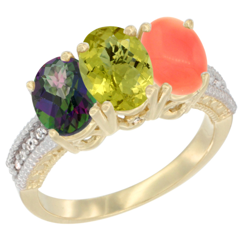 10K Yellow Gold Diamond Natural Mystic Topaz, Lemon Quartz & Coral Ring 3-Stone 7x5 mm Oval, sizes 5 - 10