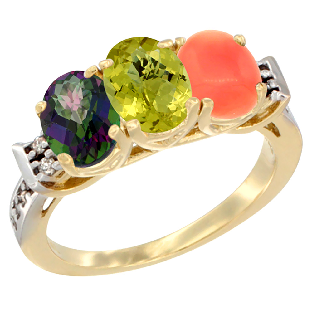 10K Yellow Gold Natural Mystic Topaz, Lemon Quartz & Coral Ring 3-Stone Oval 7x5 mm Diamond Accent, sizes 5 - 10