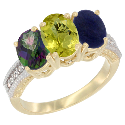 10K Yellow Gold Diamond Natural Mystic Topaz, Lemon Quartz & Lapis Ring 3-Stone 7x5 mm Oval, sizes 5 - 10