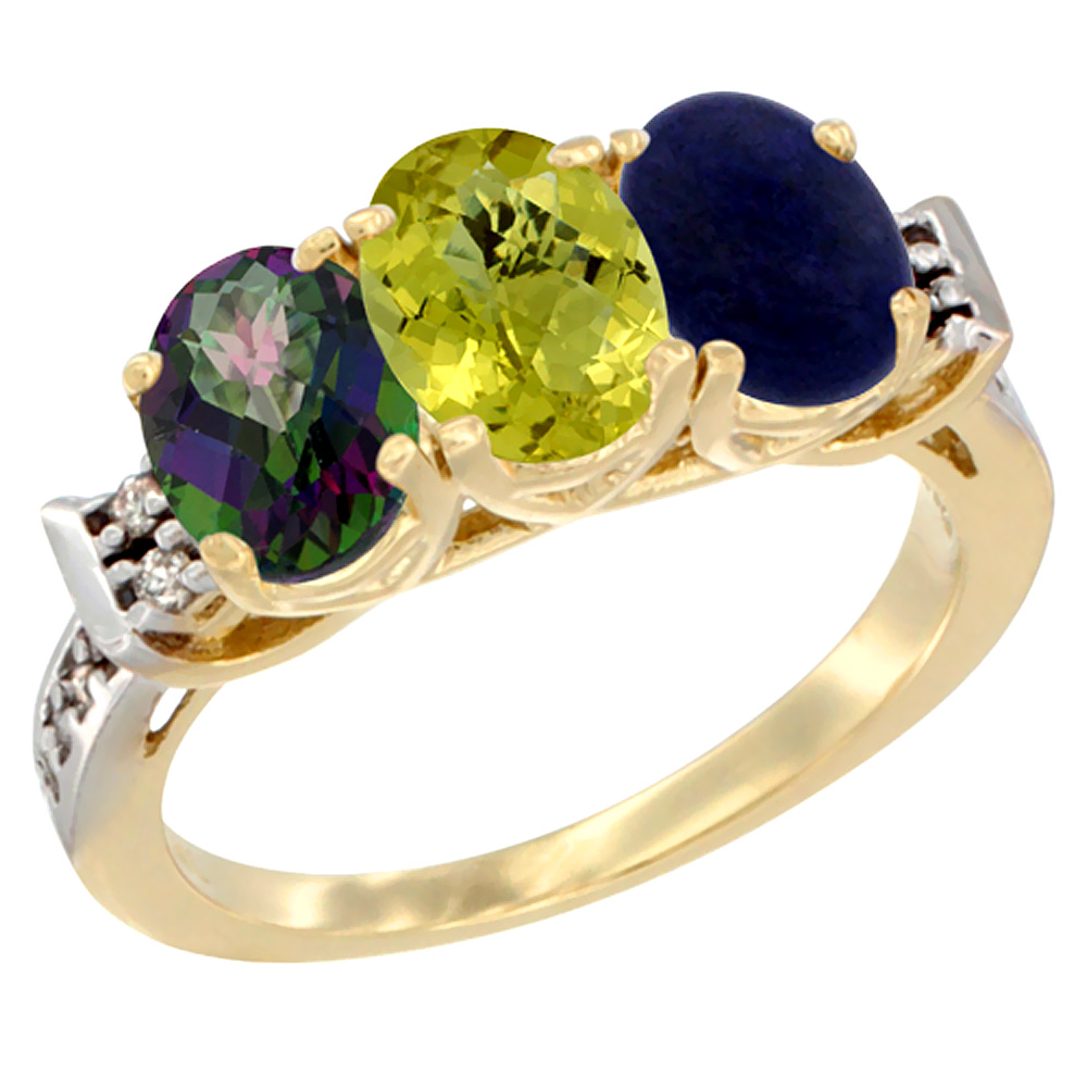 10K Yellow Gold Natural Mystic Topaz, Lemon Quartz & Lapis Ring 3-Stone Oval 7x5 mm Diamond Accent, sizes 5 - 10
