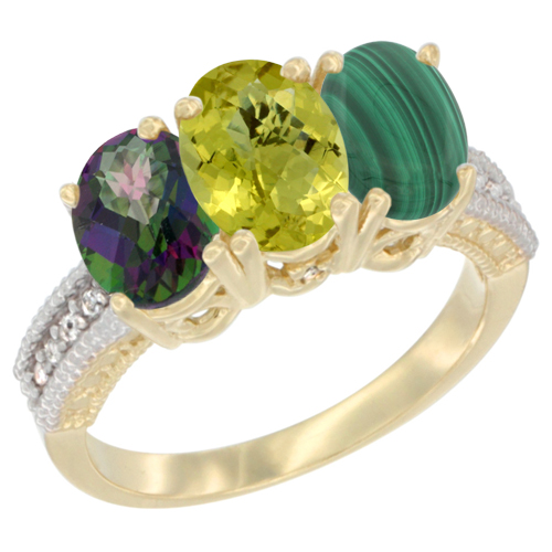 10K Yellow Gold Diamond Natural Mystic Topaz, Lemon Quartz & Malachite Ring 3-Stone 7x5 mm Oval, sizes 5 - 10
