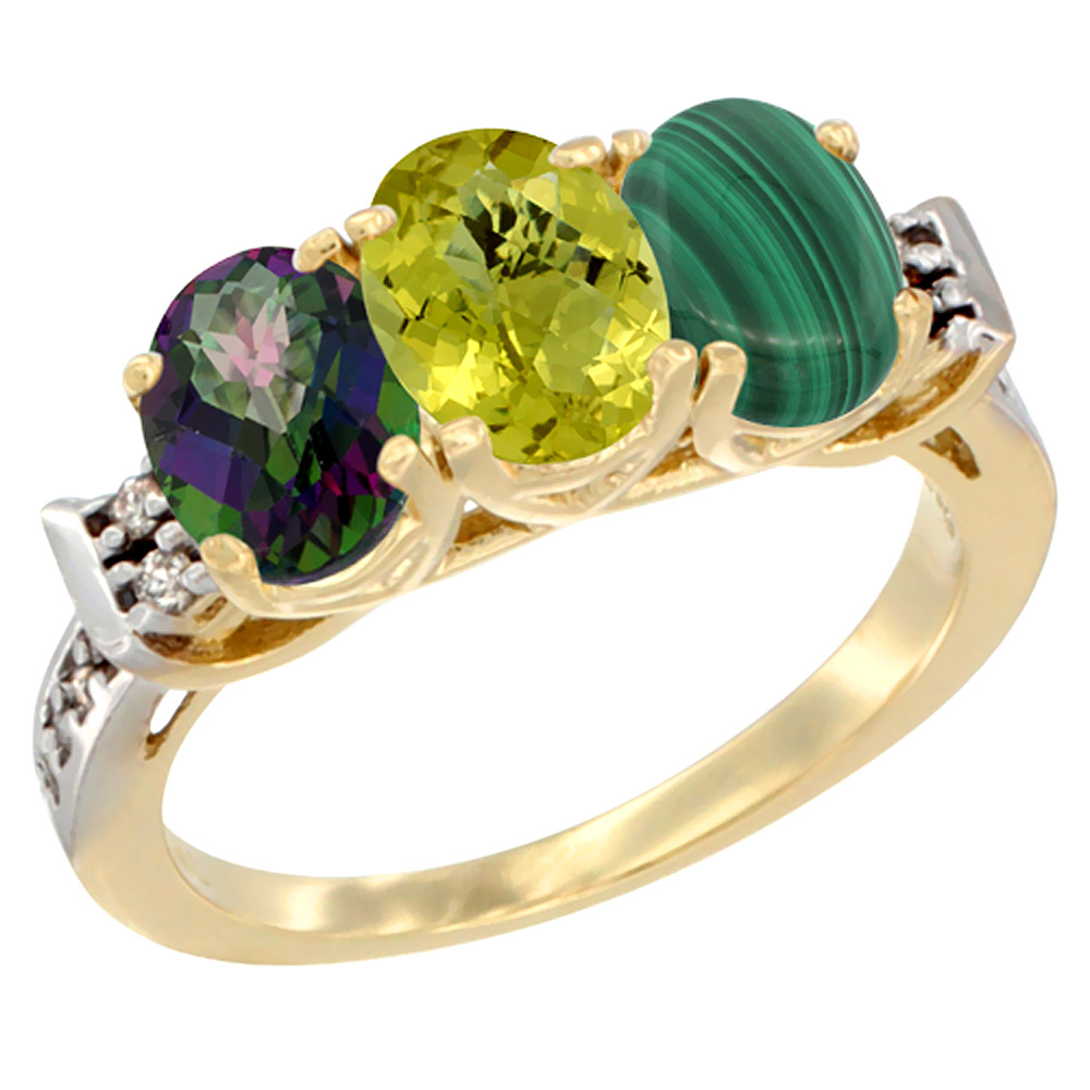 10K Yellow Gold Natural Mystic Topaz, Lemon Quartz & Malachite Ring 3-Stone Oval 7x5 mm Diamond Accent, sizes 5 - 10