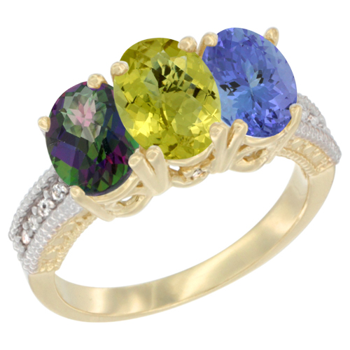 10K Yellow Gold Diamond Natural Mystic Topaz, Lemon Quartz & Tanzanite Ring 3-Stone 7x5 mm Oval, sizes 5 - 10