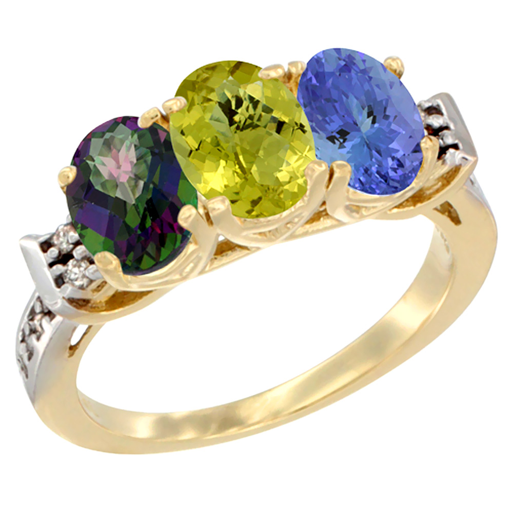 10K Yellow Gold Natural Mystic Topaz, Lemon Quartz & Tanzanite Ring 3-Stone Oval 7x5 mm Diamond Accent, sizes 5 - 10