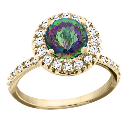14K Yellow Gold Natural Mystic Topaz Ring Round 8mm Floating Halo Diamond, sizes 5 - 10