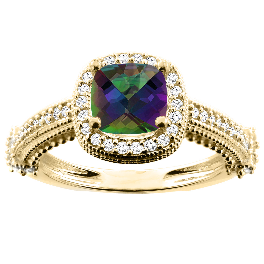 14K White/Yellow/Rose Gold Natural Mystic Topaz Ring Cushion 7x7mm Diamond Accent 7/16 inch wide, size 5