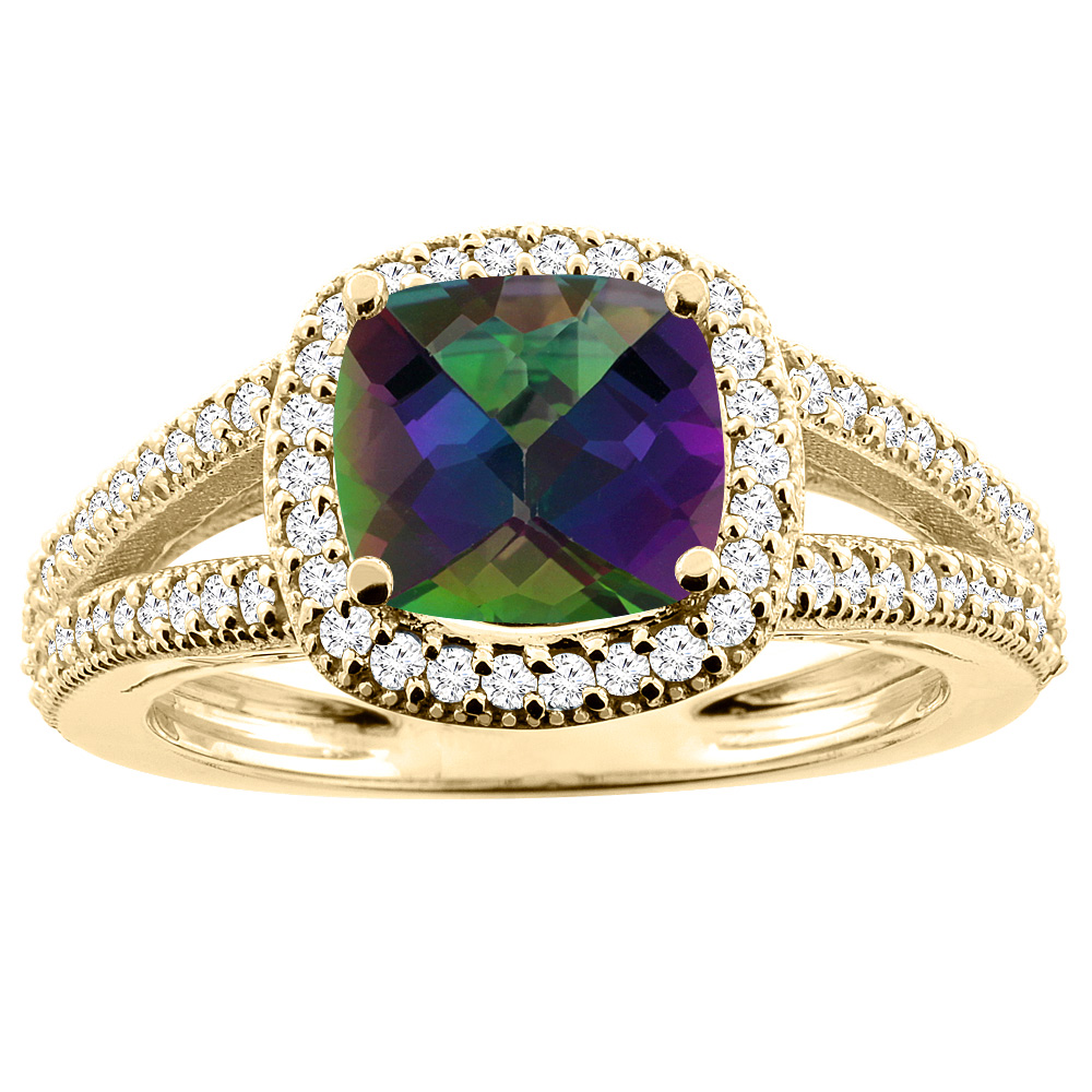 14K Yellow Gold Natural Mystic Topaz Ring Cushion 7x7mm Diamond Accent 3/8 inch wide, sizes 5 - 10