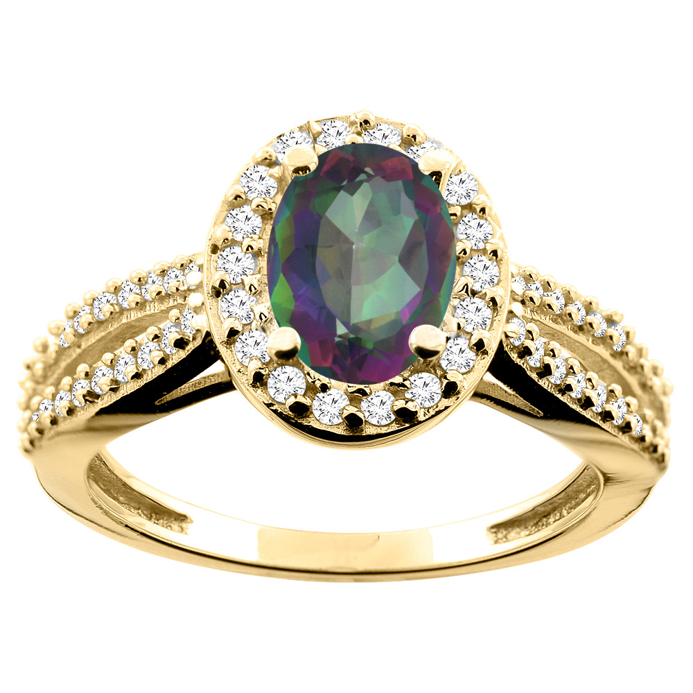 14K White/Yellow/Rose Gold Natural Mystic Topaz Ring Oval 8x6mm Diamond Accent, size 5