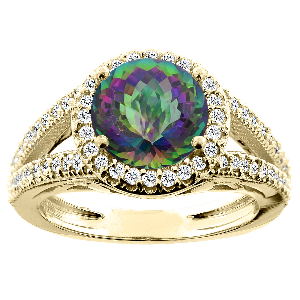 14K White/Yellow/Rose Gold Natural Mystic Topaz Ring Round 8mm Diamond Accent, sizes 5 - 10