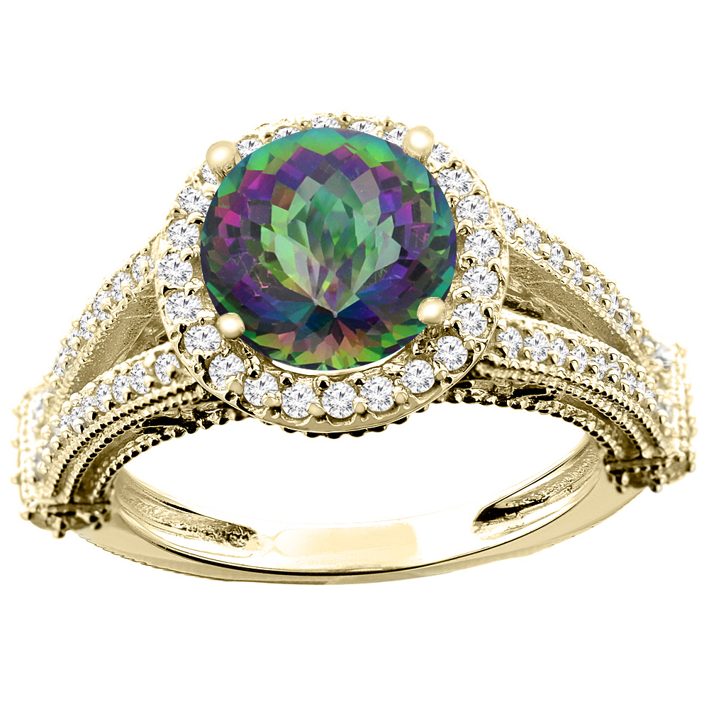 14K White/Yellow/Rose Gold Natural Mystic Topaz Ring Round 8mm Diamond Accent, sizes 5 - 10