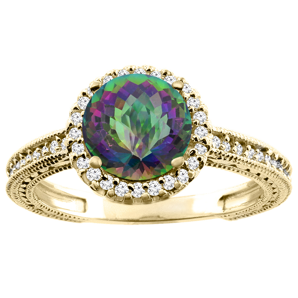 14K White/Yellow/Rose Gold Natural Mystic Topaz Ring Round 7mm Diamond Accent, sizes 5 - 10